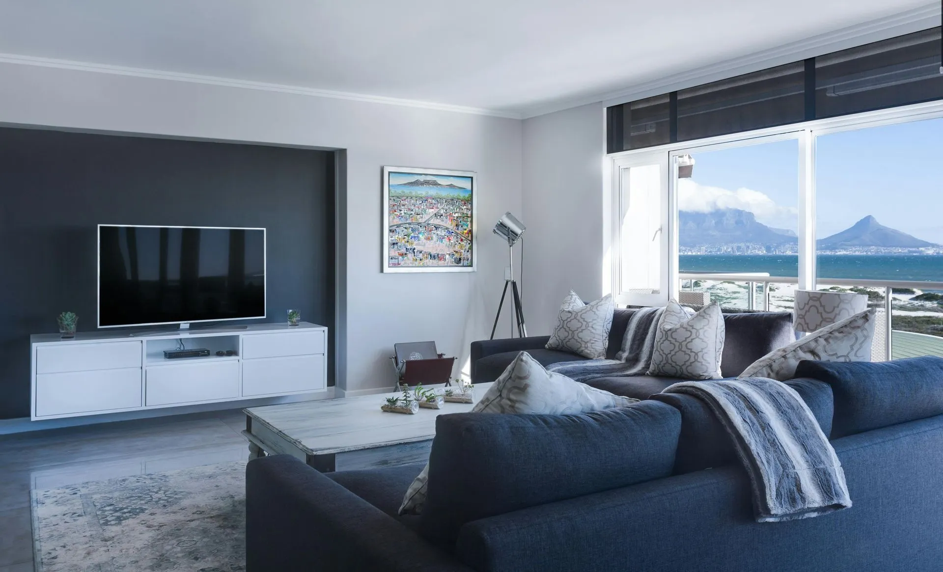 Contemporary living room with an ocean view